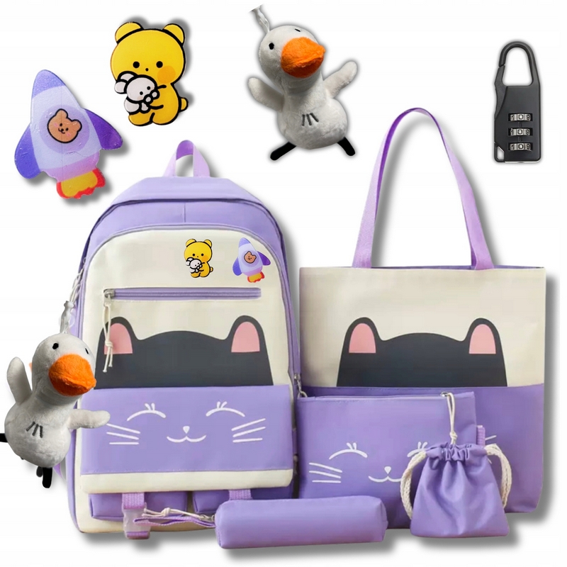Mestský Školský Batoh pre Dievčatá s Cat Motívom 5v1 + Darčeky
